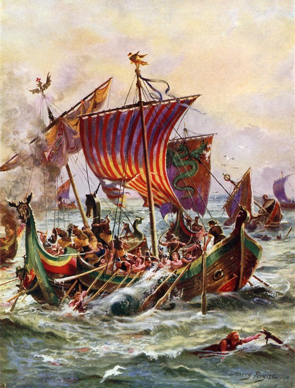 Alfréd király gályái megtámadják a Viking Sárkányhajókat, 897 (színes litó) alkotó: Henry Payne