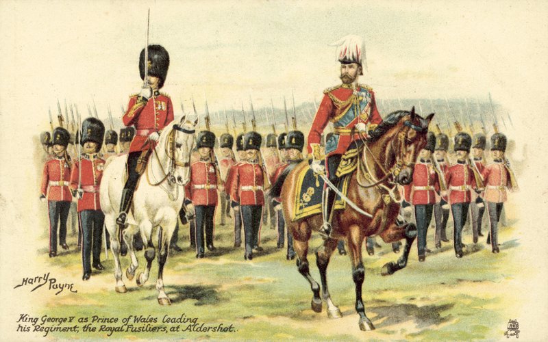 V. György király walesi hercegként vezeti ezredét, a Royal Fusiliers Aldershotban alkotó: Henry A. Payne