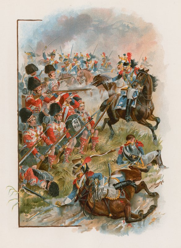 A 42. hegyvidékiek tere, amelyet francia cuirassierek támadtak meg Quatre Brasban, 1815. június 16. (chromolitho) alkotó: Henry A. Payne