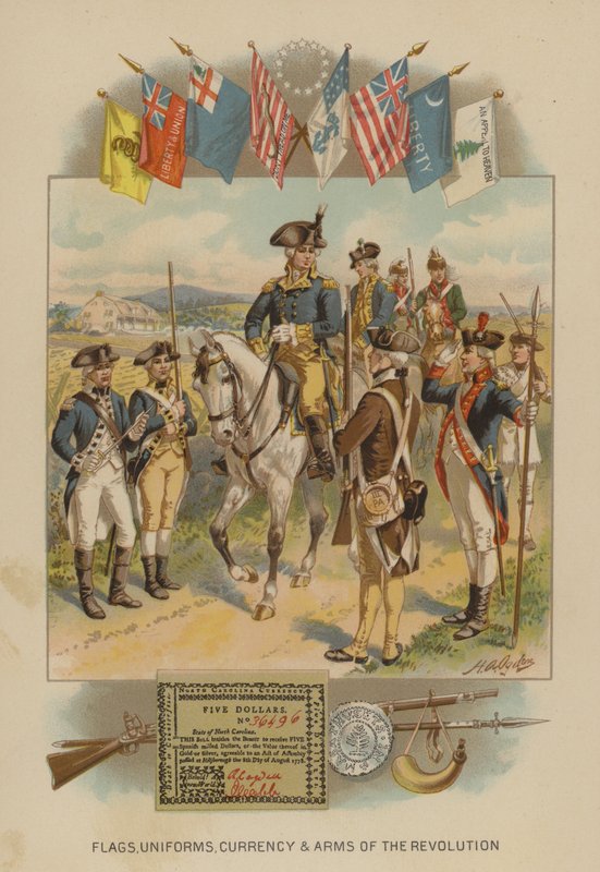Az amerikai forradalom zászlói, egyenruhái, valutája és fegyverei (chromolitho) alkotó: Henry Alexander (after) Ogden