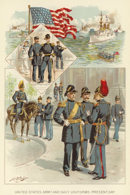 Amerikai Egyesült Államok hadseregének és haditengerészetének egyenruhája, jelenkor (színes litho) alkotó: Henry Alexander (after) Ogden