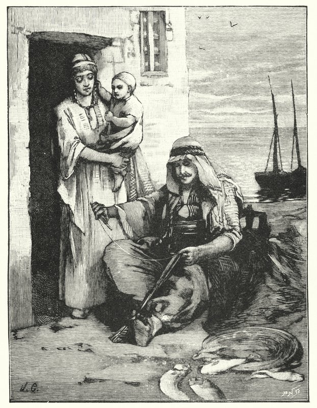 A hálóit javító halász, Tibériai-tenger (litho) alkotó: Henry Andrew Harper