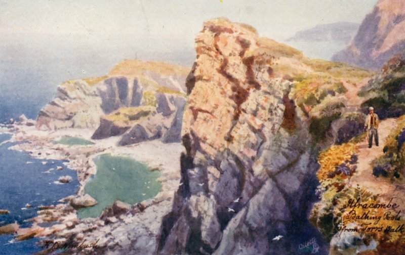 Fürdőöblök, a Torrs Walk, Ilfracombe felől (színes litográfia) alkotó: Henry B. (after) Wimbush