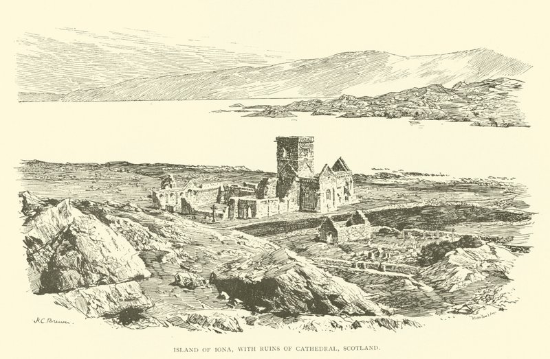 Iona szigete, a katedrális romjaival, Skócia (metszet) alkotó: Henry Charles Brewer