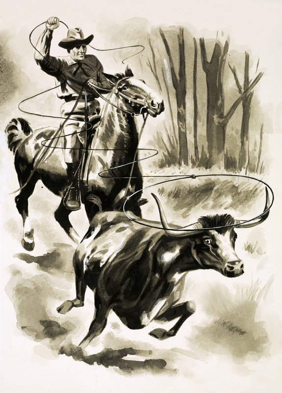 Egy cowboy lasszóval lóháton kötelez egy kormányt alkotó: Henry Charles Fox