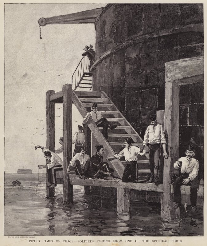 Brit katonák halásznak az egyik Spithead-i erődből, Hampshire (litho) alkotó: Henry Charles Seppings Wright