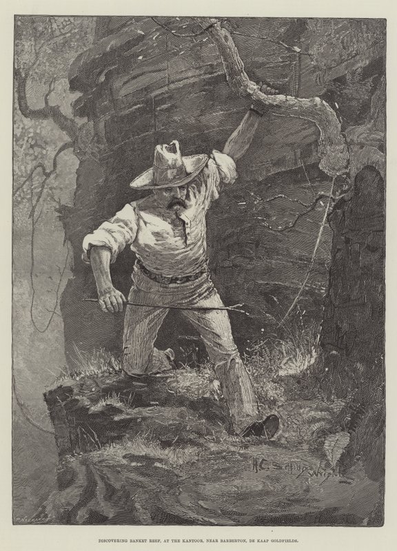 A Banket-zátony felfedezése a Kantoorban, Barberton közelében, De Kaap Goldfields alkotó: Henry Charles Seppings Wright