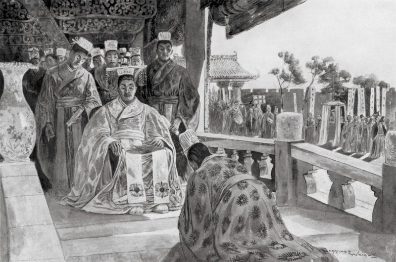 Han Yu bemutatja emlékművét (litográfia) alkotó: Henry Charles Seppings Wright