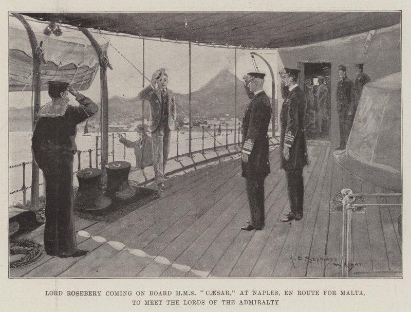 Lord Rosebery a HMS Caesar fedélzetére érkezik Nápolyba, Málta felé vezető úton, hogy találkozzon az Admiralitás lordjaival alkotó: Henry Charles Seppings Wright