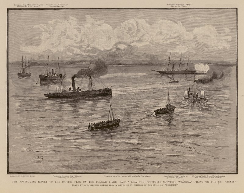 A Tamega portugál korvett tüzel az SS Agnesre, Pungwe folyó, Kelet-Afrika (metszet) alkotó: Henry Charles Seppings Wright
