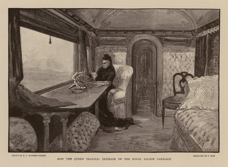 Viktória királynő a Királyi Szalon vasúti kocsiban (metszet) alkotó: Henry Charles Seppings Wright
