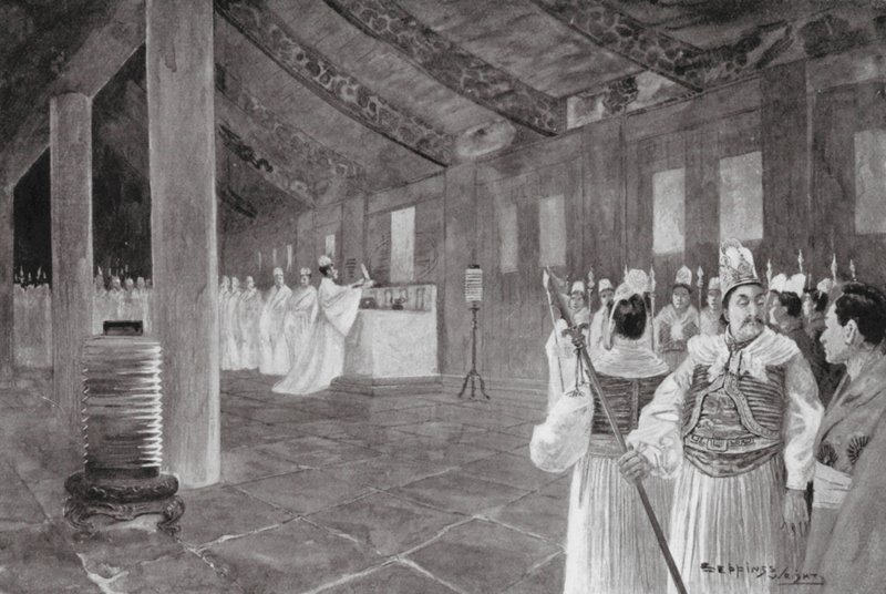 Egy tábla eltávolítása egy konfuciánus templomból (litho) alkotó: Henry Charles Seppings Wright