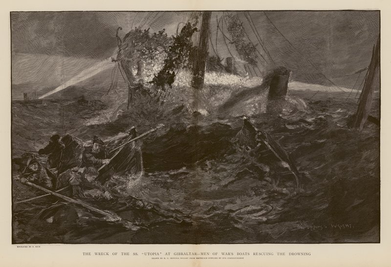 Vízbefulladtak mentése az SS Utopia hajótörése során, Gibraltár (metszet) alkotó: Henry Charles Seppings Wright