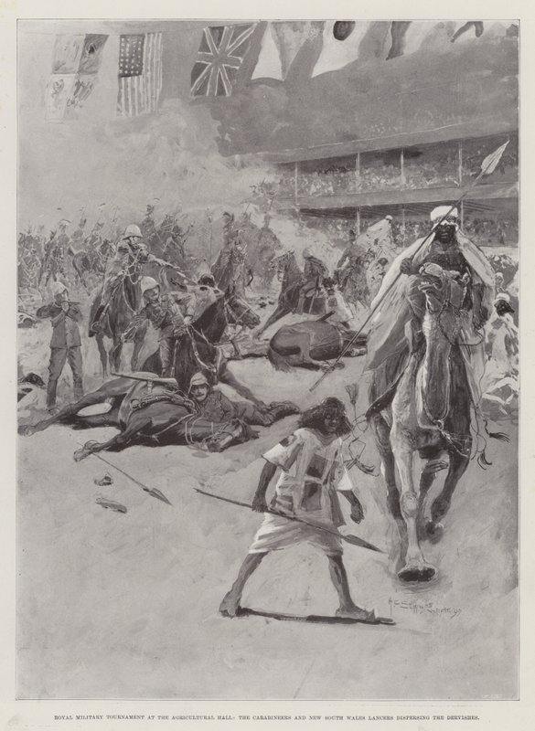 Királyi katonai torna a mezőgazdasági csarnokban, a Carabineers és a New South Wales Lancers szétoszlatja a derviseket alkotó: Henry Charles Seppings Wright