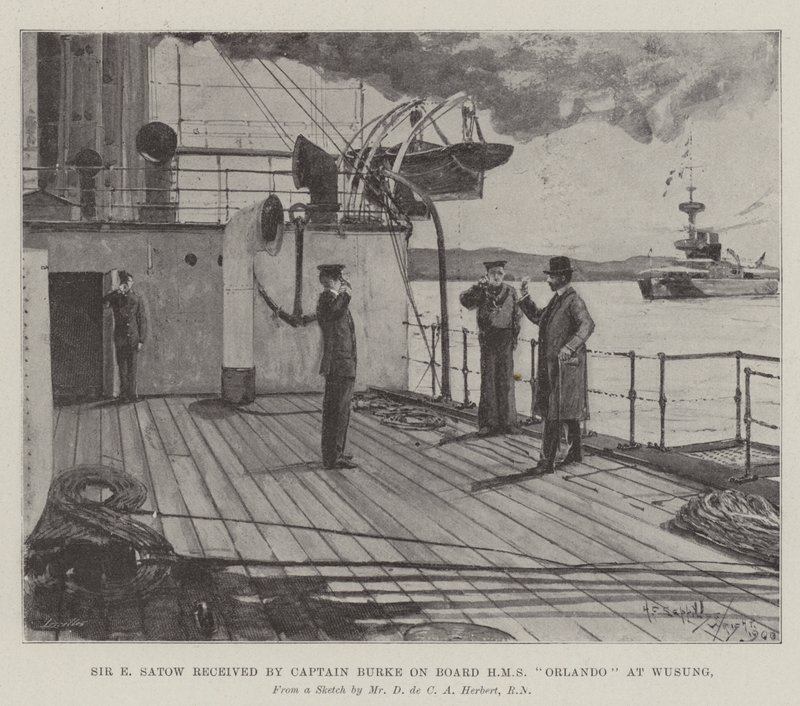 Sir E Satow-t Burke kapitány fogadta a HMS Orlando fedélzetén Wusungban alkotó: Henry Charles Seppings Wright