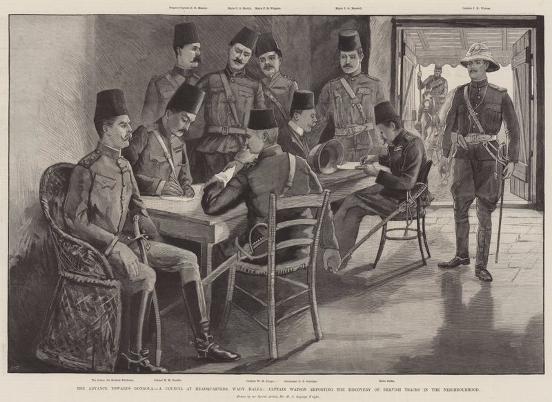 Előrehaladás Dongola felé, tanács a főhadiszálláson, Wady Halfa, Watson kapitány a Dervish-nyomok felfedezéséről számol be a környéken alkotó: Henry Charles Seppings Wright