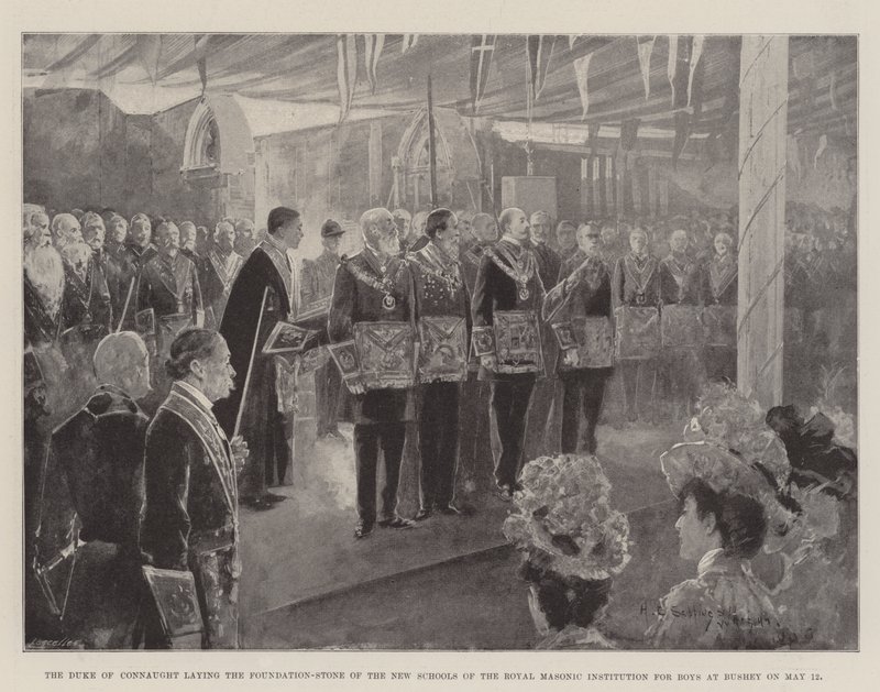 Connaught hercege letette az alapkövét a Királyi Szabadkőműves Fiúk Intézete új iskoláihoz Busheyben május 12-én alkotó: Henry Charles Seppings Wright
