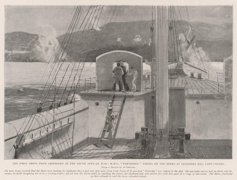 Az első lövések a hajóról a dél-afrikai háborúban, a HMS Partridge lő a búrokra a Saldanha-öbölnél, Cape Colony alkotó: Henry Charles Seppings Wright