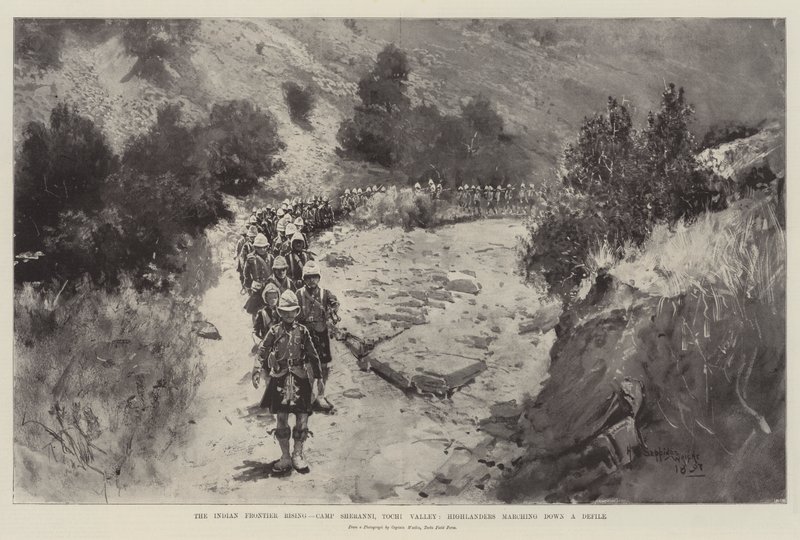 Az indiai határfelkelés, Sheranni tábor, Tochi völgy, a felföldiek vonulnak lefelé egy domboldalon alkotó: Henry Charles Seppings Wright