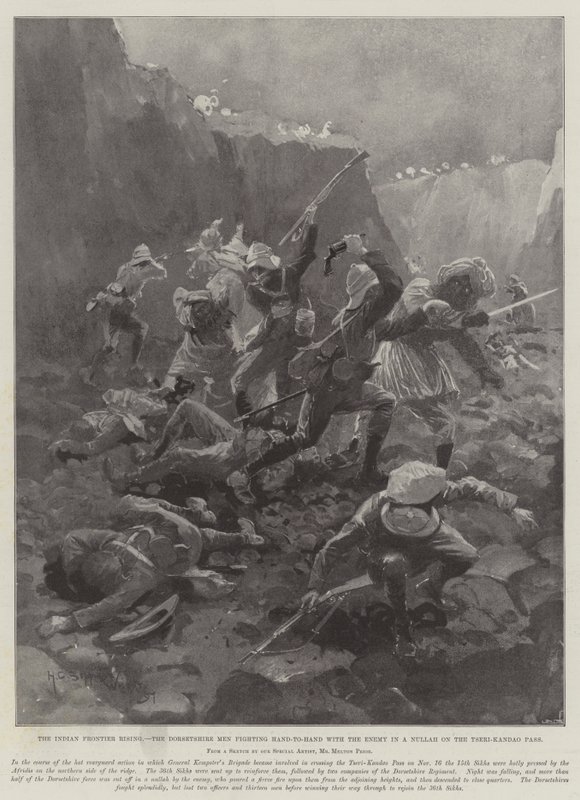 Az indiai határ felemelkedése, a dorsetshire-i férfiak, akik kézről-kézre harcolnak az ellenséggel a Nullah-ban a Tseri-Kandao-hágón alkotó: Henry Charles Seppings Wright