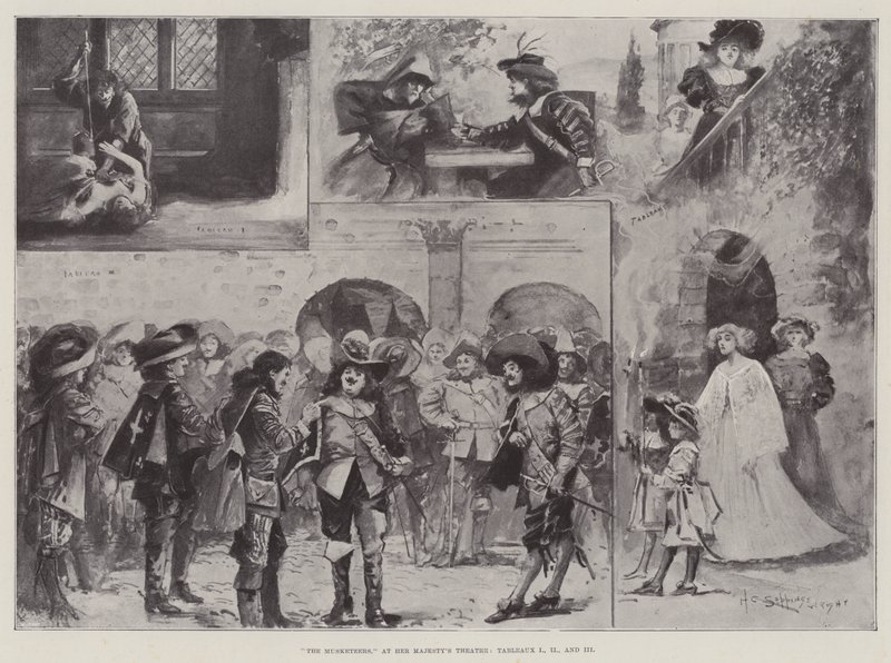 A testőrök, az Őfelsége Színházában, I., II. és III. színlapok alkotó: Henry Charles Seppings Wright
