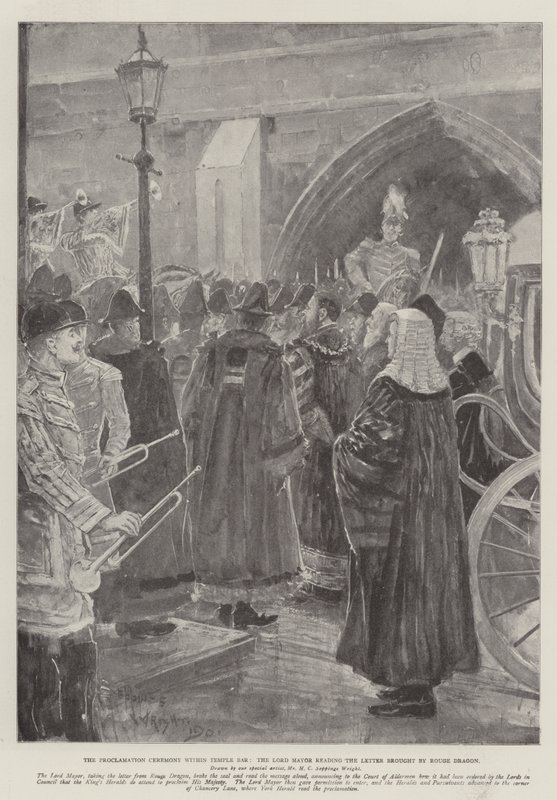 Kikiáltási szertartás a Temple Bar-ban, a Lord Polgármester felolvassa a Rouge Dragon által hozott levelet alkotó: Henry Charles Seppings Wright