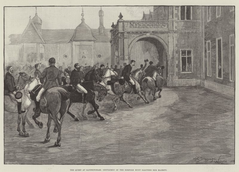 Sandringham királynője, a norfolki vadászat urai tisztelegnek Őfelségének alkotó: Henry Charles Seppings Wright