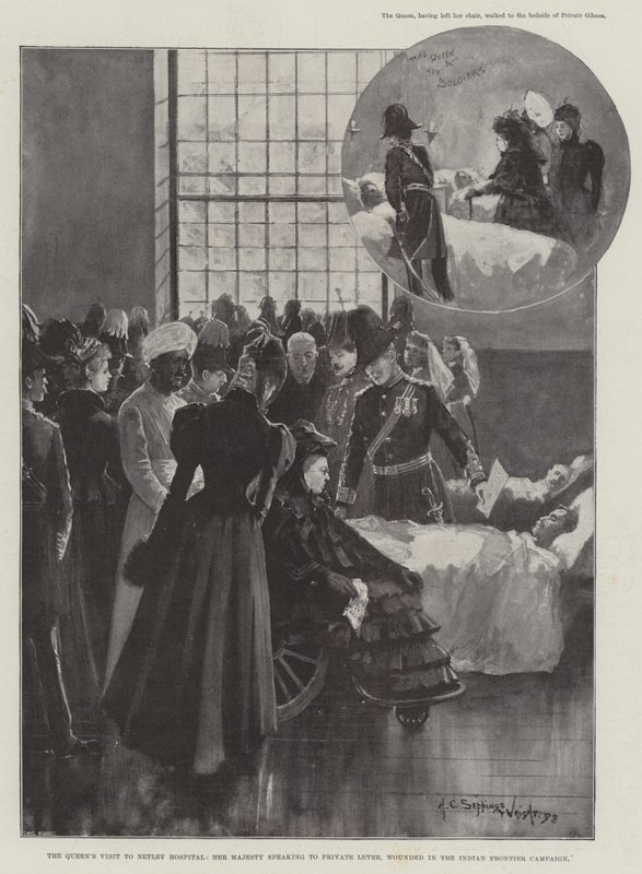 A királynő látogatása a Netley kórházban, őfelsége Lever közlegénynek beszél, megsebesült az indiai határkampányban alkotó: Henry Charles Seppings Wright