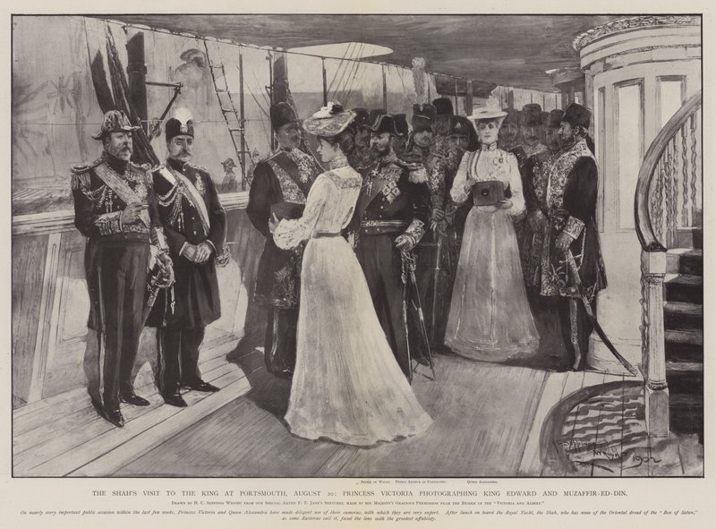 A sahok látogatása a királynál Portsmouthban, augusztus 20., Viktória hercegnő fényképezi Edward királyt és Muzaffir-ed-Dint alkotó: Henry Charles Seppings Wright