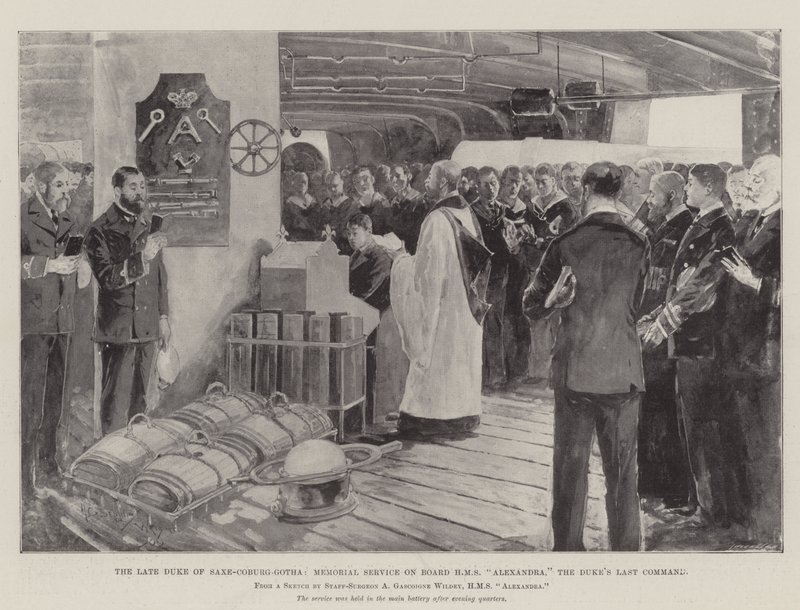 A néhai Szász-Coburg-Gotha hercege, gyászszertartás a HMS Alexandra fedélzetén, a herceg utolsó parancsnoka alkotó: Henry Charles Seppings Wright