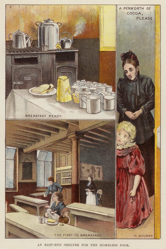 Menedék hajléktalan szegények számára London East End-ben, 19. század végén (chromolitho) alkotó: Henry Herbert Bulman