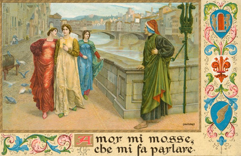 Dante Alighieri olasz költő és Beatrice Portinari (chromolitho) alkotó: Henry Holiday