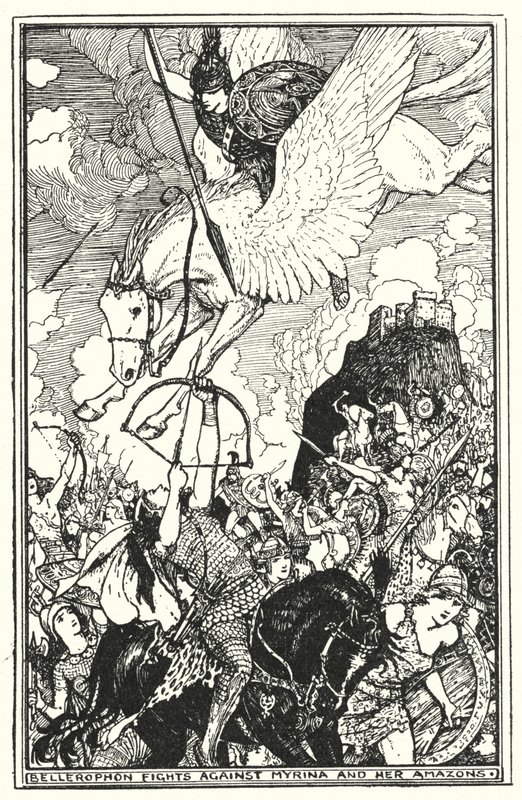Bellerophon harcol Myrina és amazonjai ellen (litho) alkotó: Henry Justice Ford