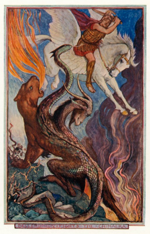 Bellerophon harcol a Chimaera ellen (színes litográfia) alkotó: Henry Justice Ford