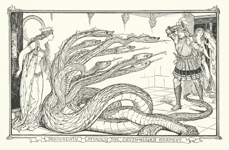 Bensurdatu megtámadja a hétfejű kígyót (metszet) alkotó: Henry Justice Ford