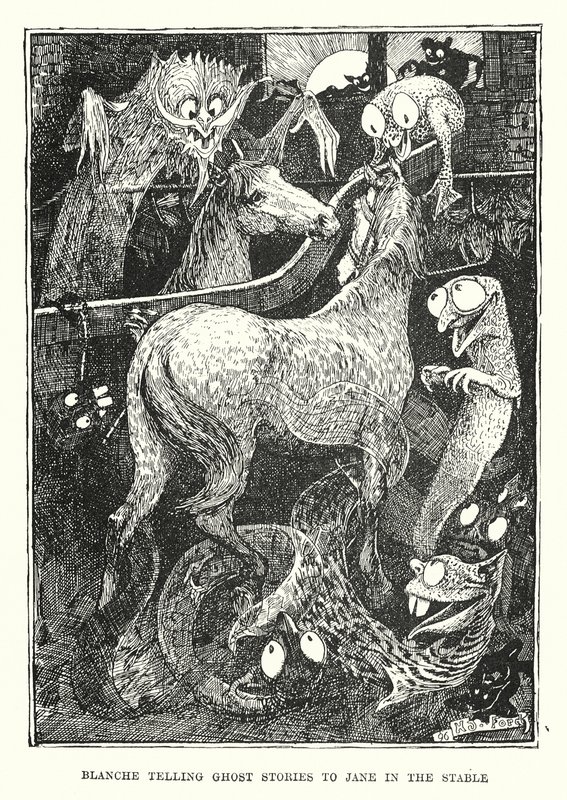 Blanche szellemtörténeteket mesél Jane-nek az istállóban (metszet) alkotó: Henry Justice Ford