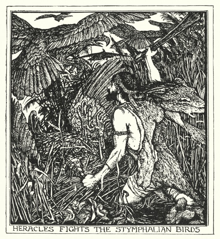 Héraklész harcol a stymphali madarakkal (litho) alkotó: Henry Justice Ford