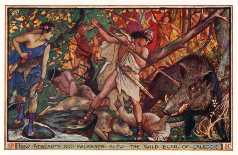 Hogyan ölte meg Atalanta és Meleager a kaledoni vaddisznót (színes litográfia) alkotó: Henry Justice Ford