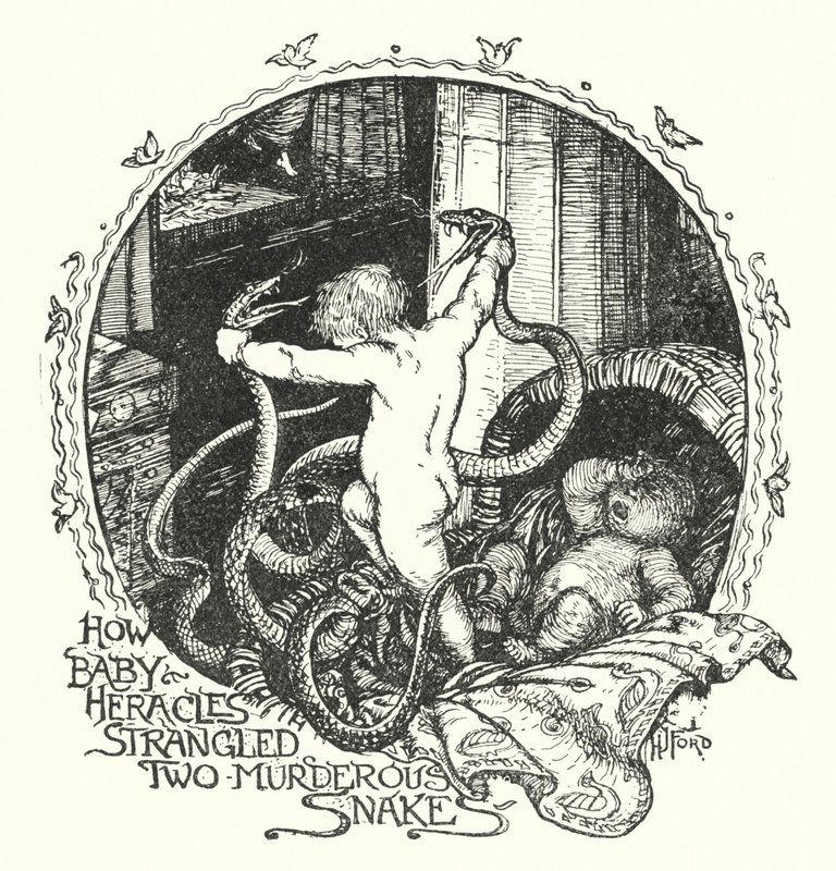 Hogyan fojtott meg Héraklész baba két gyilkos kígyót (litho) alkotó: Henry Justice Ford