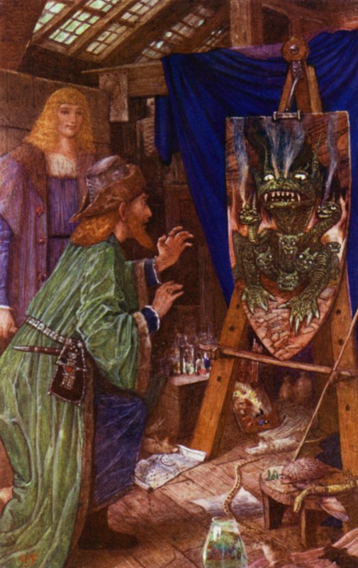 Leonardo a pajzsára festett szörnyeteggel ijesztgeti apját alkotó: Henry Justice Ford