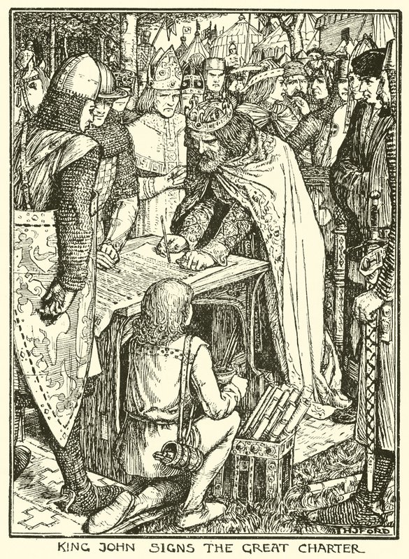 Magna Carta. János király aláírja a Nagy Chartát (metszet) alkotó: Henry Justice Ford