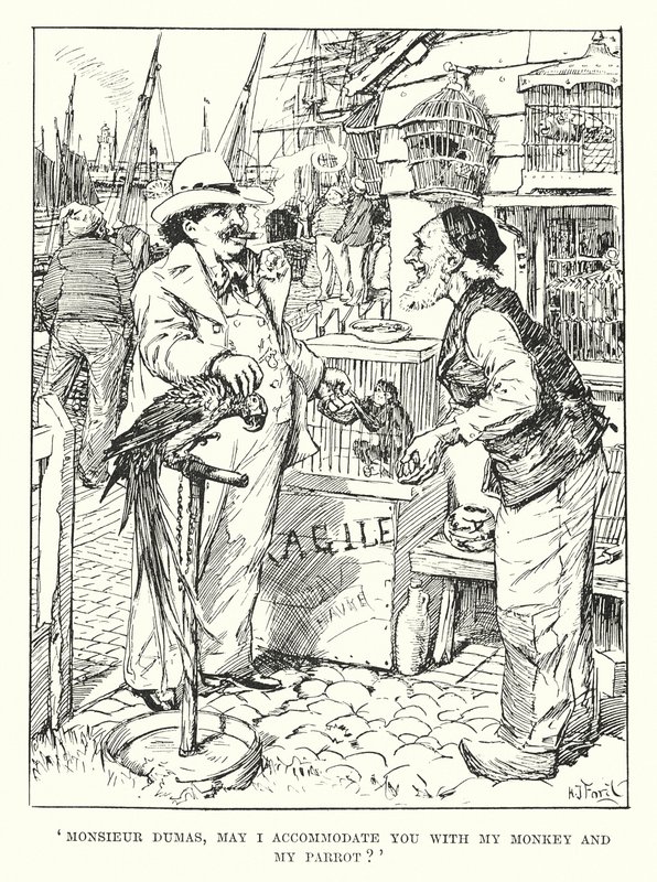"Monsieur Dumas, fogadhatom önt a majmommal és a papagájommal" (metszet) alkotó: Henry Justice Ford
