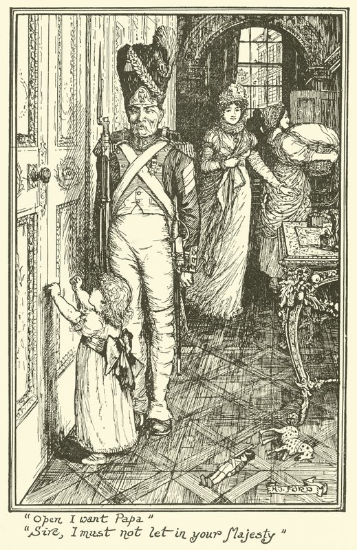 "Nyissa ki, a papát akarom". "Uram, nem engedhetem be Felségedet" (metszet) alkotó: Henry Justice Ford