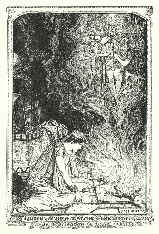 Althea királynő az égő farönköt nézi, miközben Meleager odakint haldoklik (litho) alkotó: Henry Justice Ford