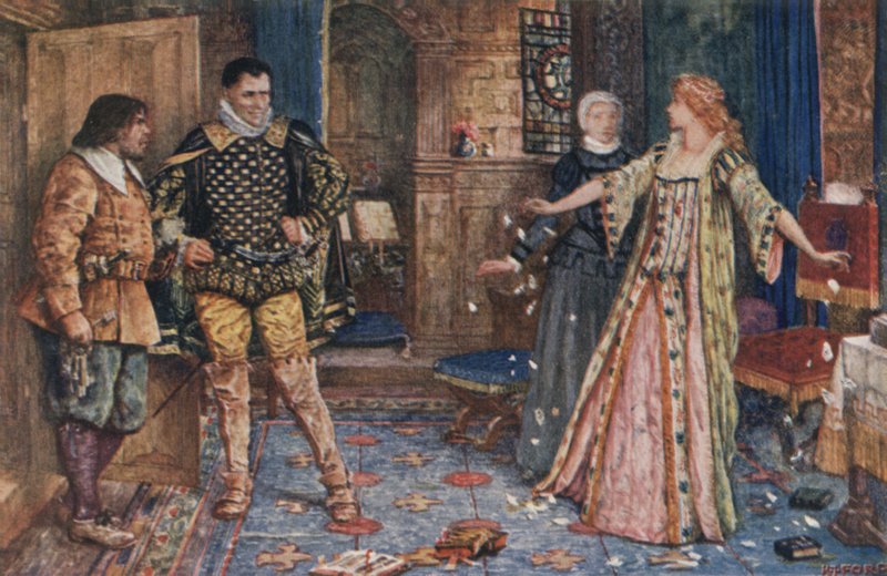 Ezt mondva darabokra tépte Leicester levelét, és rájuk bélyegezte, ahogy a padlóra estek (színes litho) alkotó: Henry Justice Ford