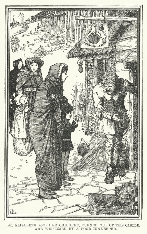 A kastélyból kifordított Szent Erzsébetet és gyermekeit egy szegény fogadós (litho) fogadja alkotó: Henry Justice Ford