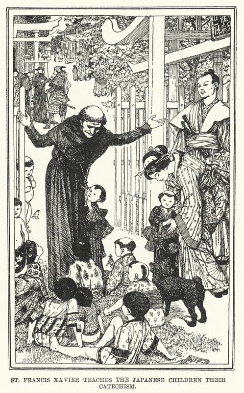Xavéri Szent Ferenc megtanítja a japán gyerekeket a katekizmusukra (litho) alkotó: Henry Justice Ford