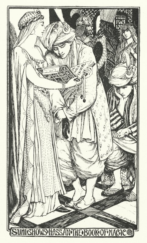 Sumi megmutatja Hassannak a mágia könyvét (metszet) alkotó: Henry Justice Ford