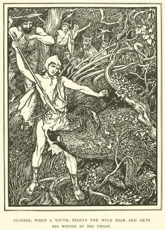 Ulysses, amikor egy fiatal megküzd a vaddisznóval, és a combjába kapja a sebet alkotó: Henry Justice Ford
