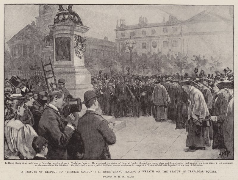 Tisztelgés a kínai Gordon előtt, Li Hung Csang koszorút helyez el a Trafalgar téri szobránál alkotó: Henry Marriott Paget
